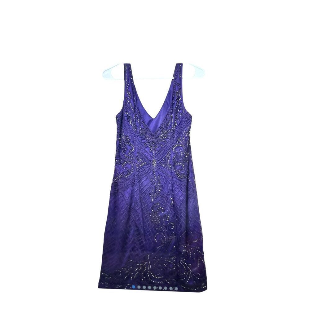 Sue Wong Embellished Beaded V-Neck Sheath Sleeveless Cocktail Dress 8